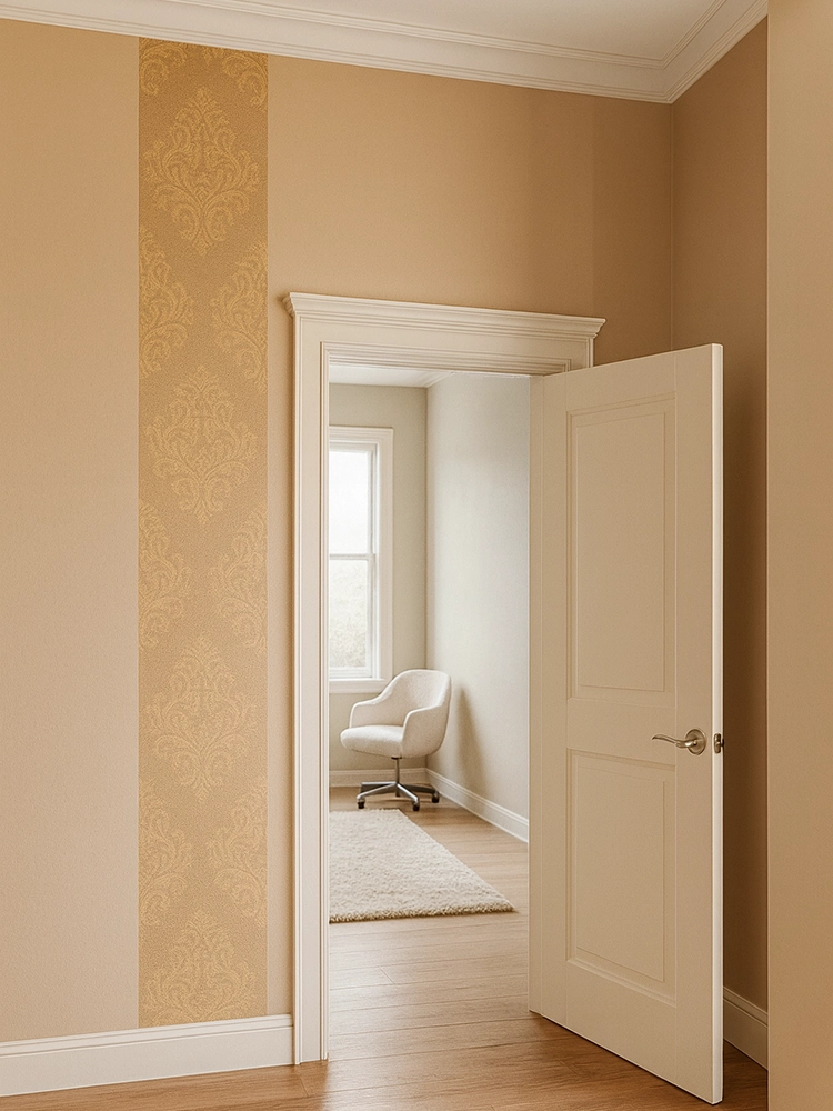Межкомнатные двери и вертикальные полосы обоев в интерьере коридора