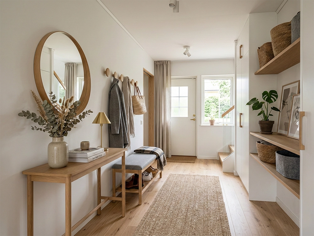 Светлый коридор, массивное круглое зеркало, деревянная консоль, настенная вешалка, встроенные шкафы, дверь.