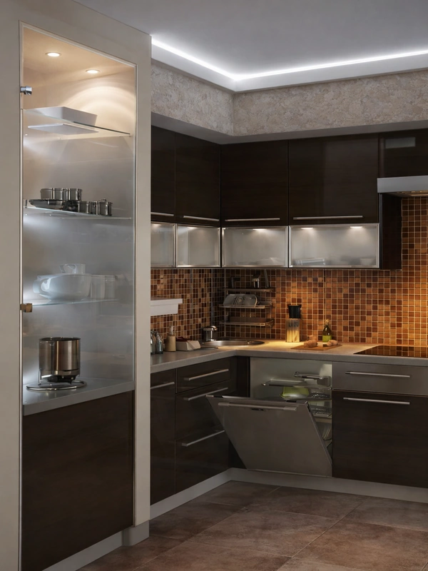 Стеклянная витрина с подсветкой и полками для посуды встроенная в вентиляционный короб