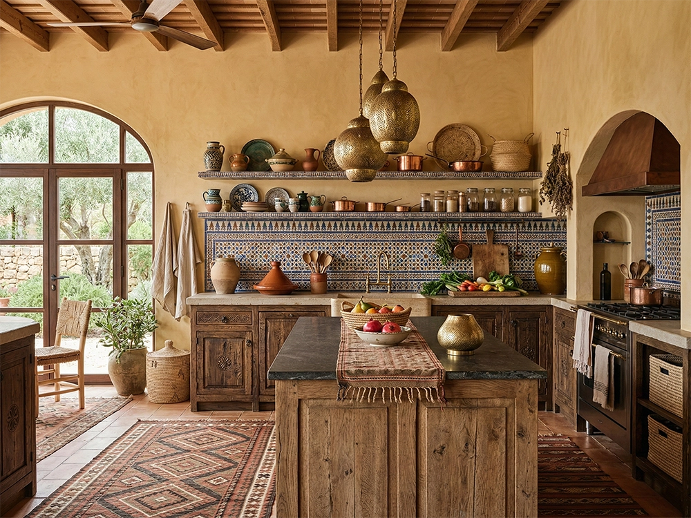 Кухонный остров, синяя плитка с узором, латунные светильники, глиняная посуда на полках.