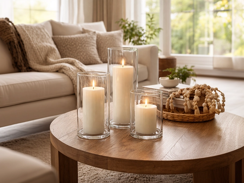 Декоративные толстые свечи белого цвета в прозрачных стеклянных подсвечниках на полке корпусной мебели