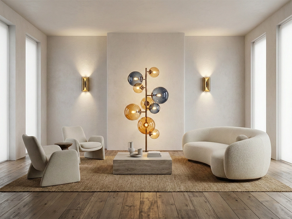 Люстра с подвесами из цветного стекла в гостиной