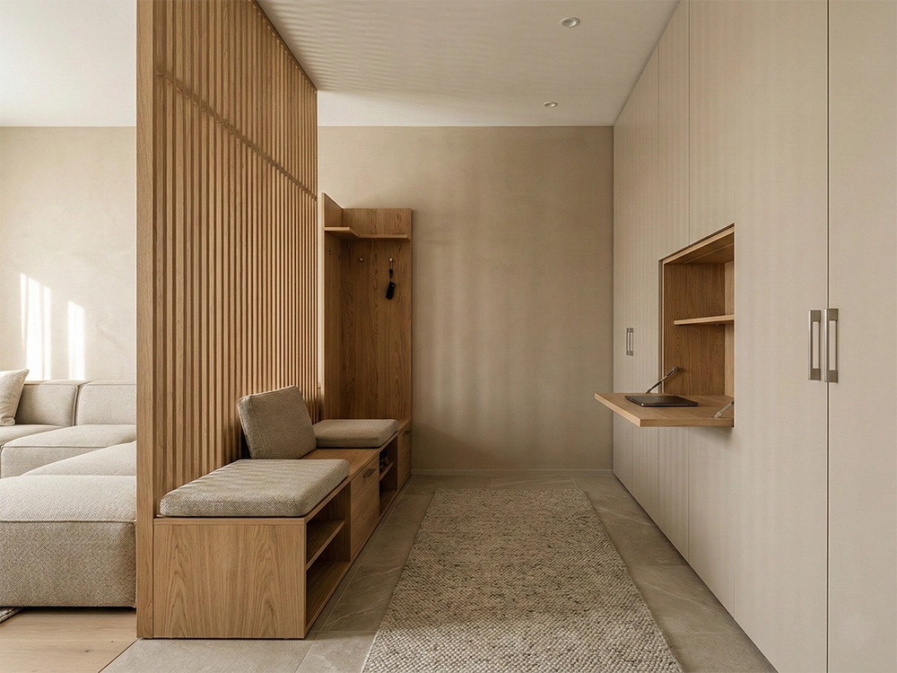 Прихожая с деревянной скамьей и откидным столом в шкафу