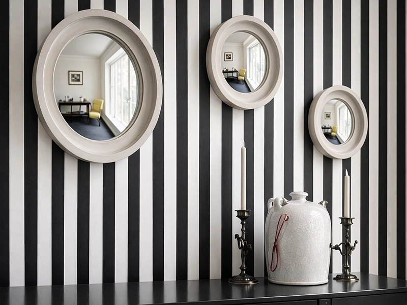 Вертикальные полосатые обои в интерьере современной гостиной