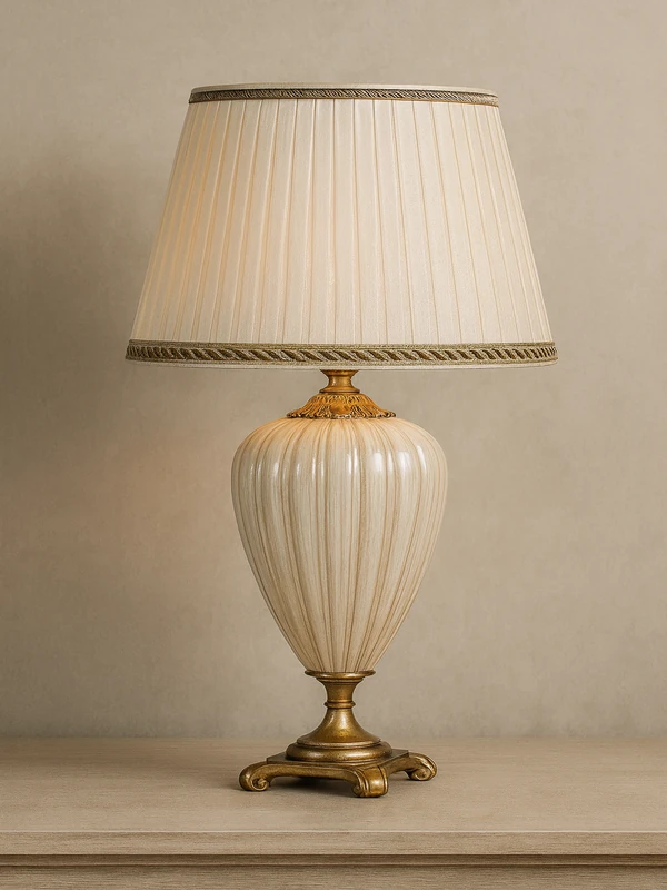 Дизайнерская настольная лампа с необычным основанием и абажуром в интерьере квартиры