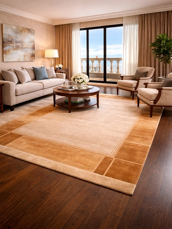 Сочетание светлого ковра и портьер бежевого цвета