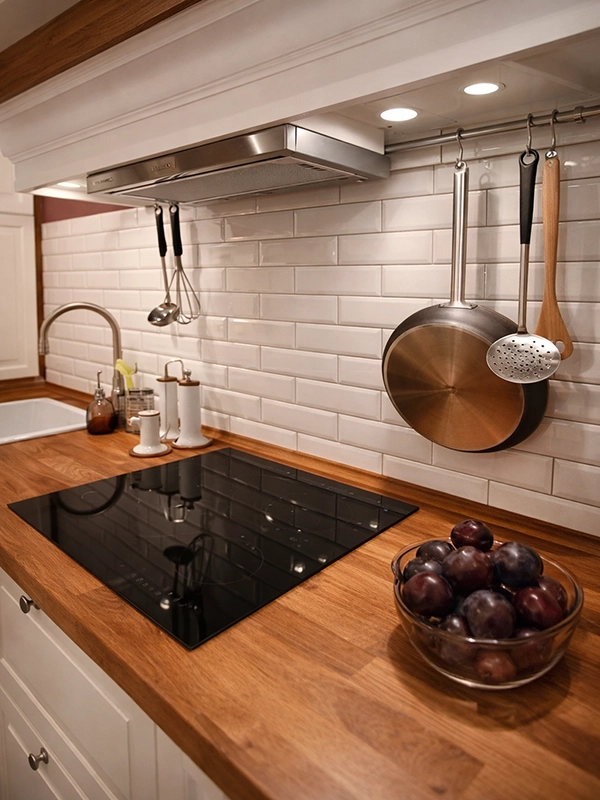 Розовые портьеры с драпировкой на окне в кухне