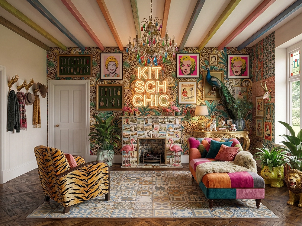 Яркая неоновая надпись на леопардовой стене, кресло с тигровым принтом и две фигурки фламинго.