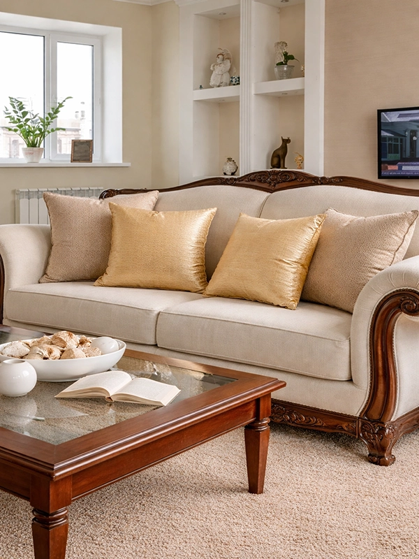 Длинные шторы насыщенного бордового цвета, закрепленные на окне в светлом интерьере помещения