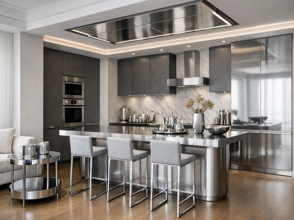Кухня с островом из нержавеющей стали и металлической вытяжкой