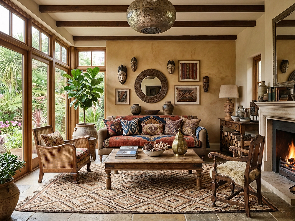 Диван с орнаментом, резной стол, камин, плетеное кресло, маски на стенах.