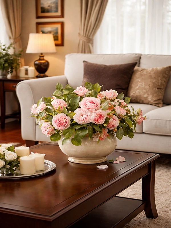 Картина с цветами над диваном в интерьере гостиной