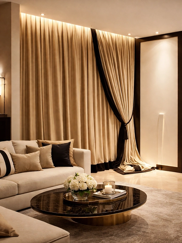 Яркий желтый ковер и серый диван в светлой комнате