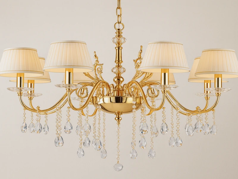 Вариант декора окна плотными тканями и выбор классической люстры для освещения помещения