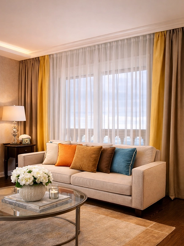 Светлые портьеры и ковер с мягким узором в гостиной