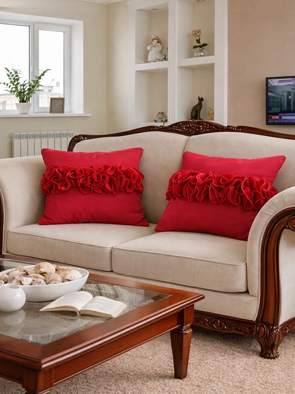 Декоративная ваза из темного стекла и текстильные элементы бордового цвета в оформлении комнаты