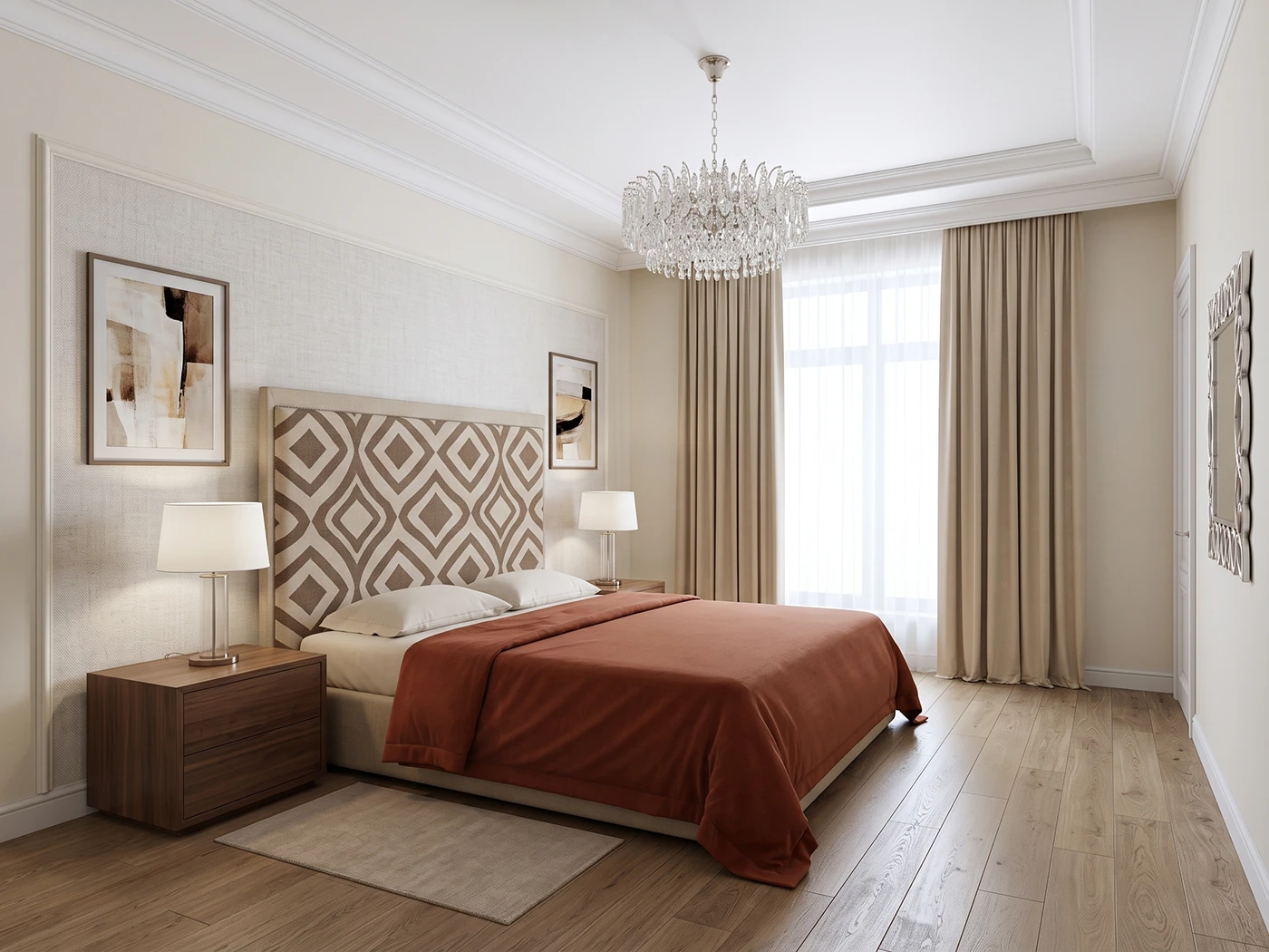 Геометрическое тканевое изголовье, терракотовое покрывало, ореховые прикроватные тумбы, молочные светильники