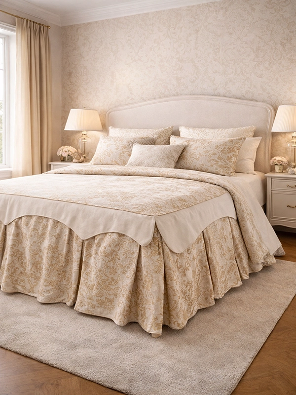 Кровать с бежевым покрывалом и декоративными подушками