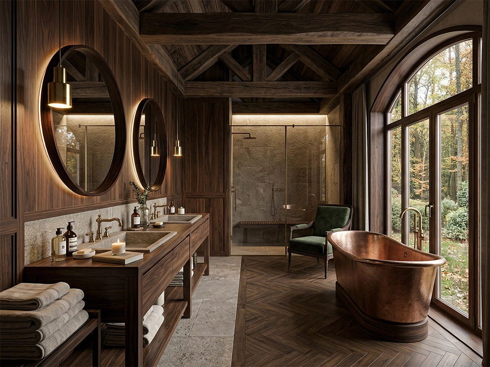Ванная комната со стенами из темного дерева, каменными раковинами и большой медной отдельностоящей ванной.