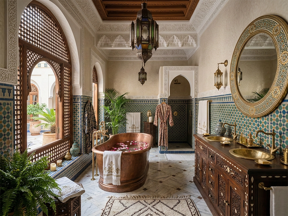 Ванная комната с медной ванной, деревянной тумбой, золотыми раковинами и зеркалом