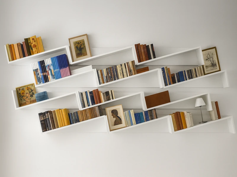 Система настенных полок над диваном заполненная книгами и аксессуарами в жилом интерьере