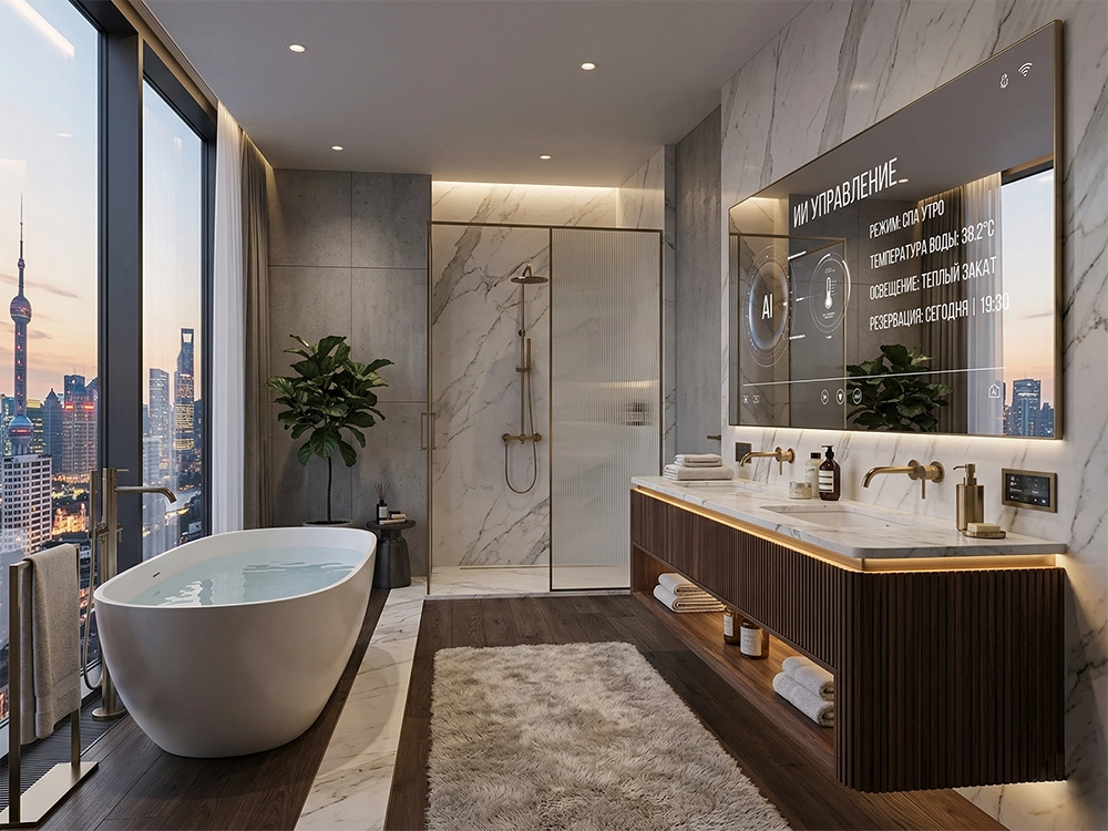 Светящееся умное зеркало с показателями температуры над большой раковиной около отдельностоящей ванны.