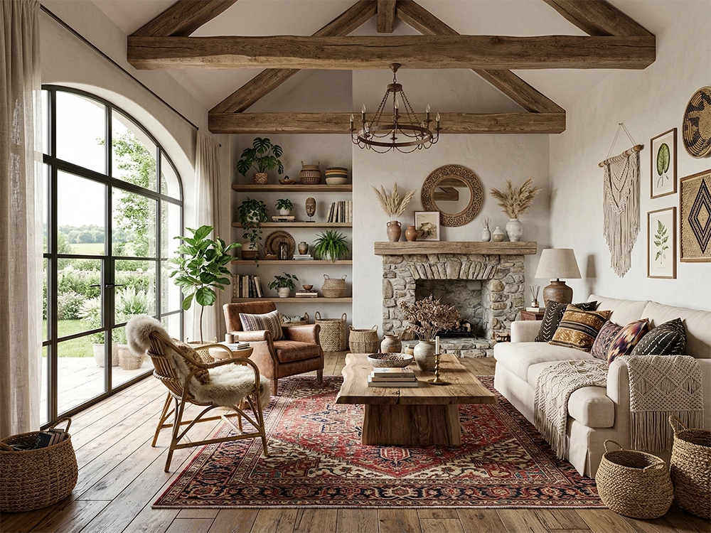 Светлый диван, кожаное кресло, деревянный стол, красный узорчатый ковер и каменный камин в комнате.