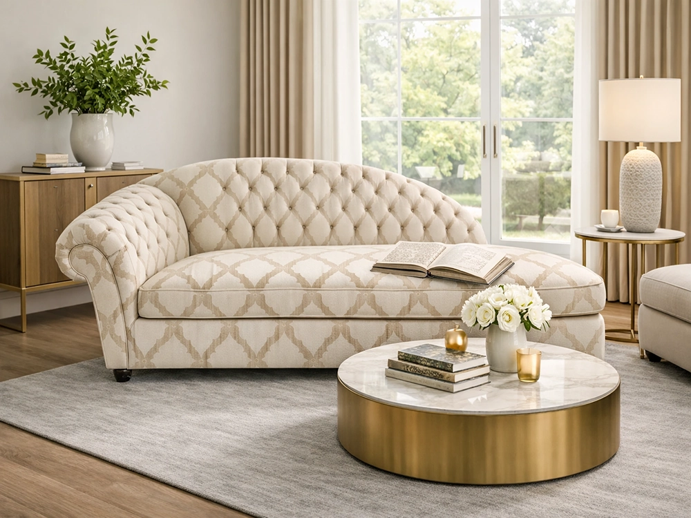 Бордовая софа с каретной стяжкой и бежевые обои