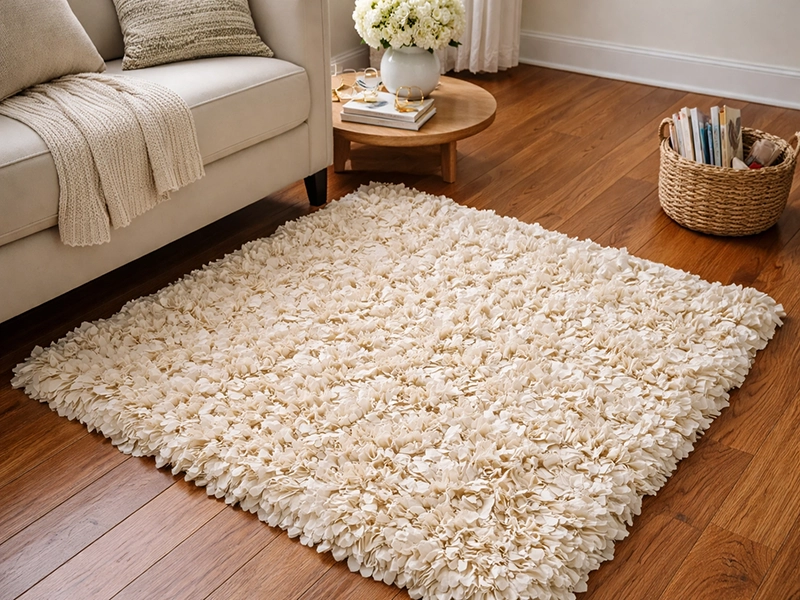 Настенное зеркало в круглой белой раме на фоне голубых штор в интерьере уютной спальни в стиле кантри