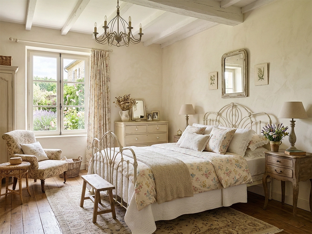 Спальня с белой кованой кроватью, деревянным комодом, креслом с цветочным узором и окном