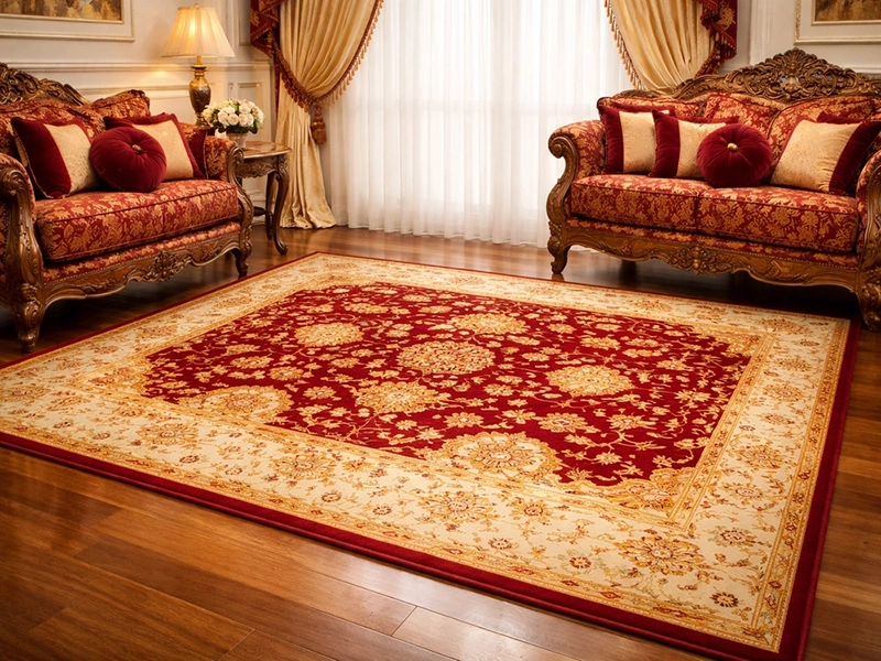 Интерьер гостиной с бордовыми шторами и мебелью в стиле барокко