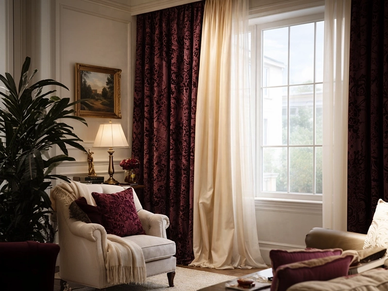 Оформление окна в гостиной двухцветными портьерами коричневого и персикового оттенков с белым тюлем