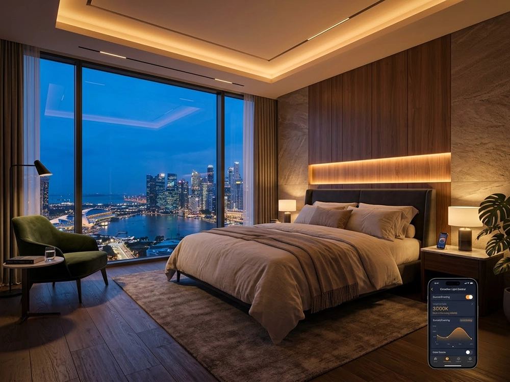 Спальня, оборудованная двуспальной кроватью, деревянной стеновой панелью, зеленым креслом, большим окном.