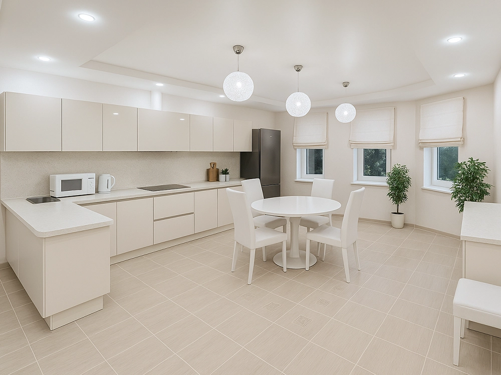 Светлая кухня-гостиная с бежевым диваном и белым гарнитуром