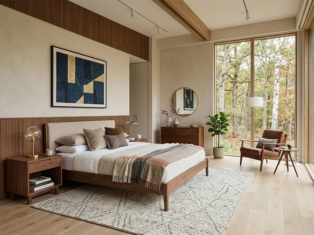 Деревянная кровать, коричневое кожаное кресло и комод в комнате с большим окном.