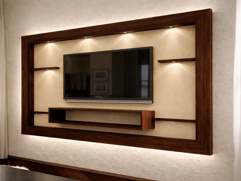 Эскиз оформления ТВ-зоны с полками и тумбой