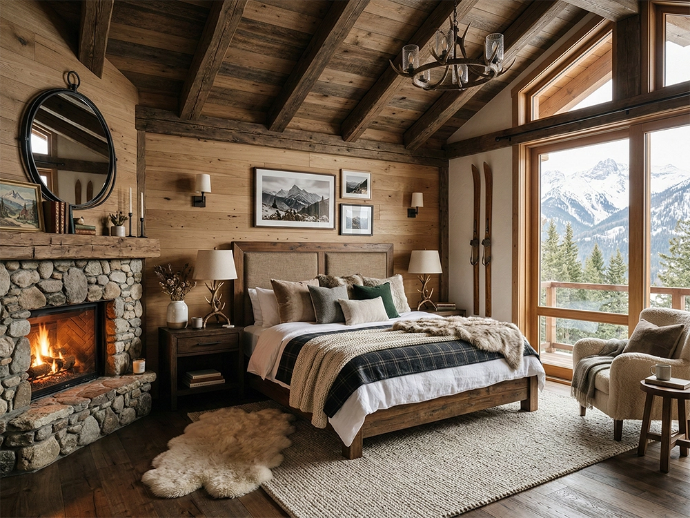 Комната с деревянной отделкой, двуспальной кроватью, каменным камином и окном с видом на зимний лес