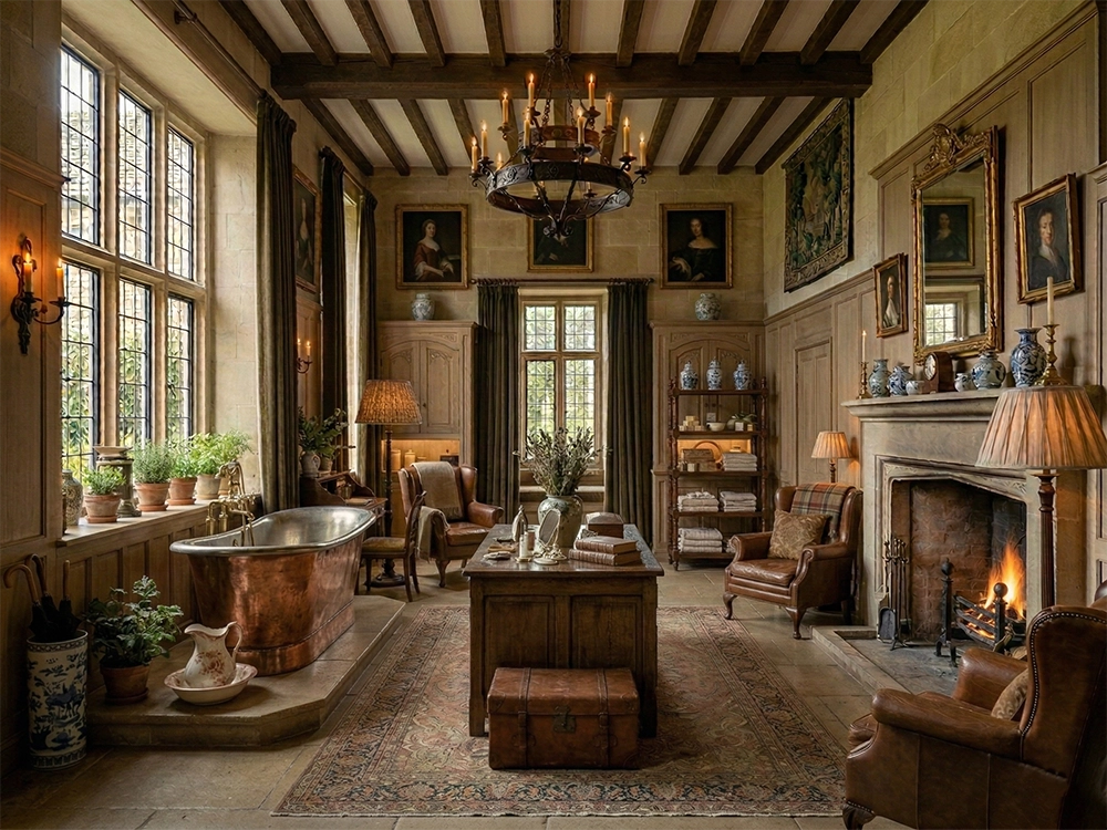 Медная ванна, каменный камин, кожаные кресла, деревянный стол и полки с полотенцами