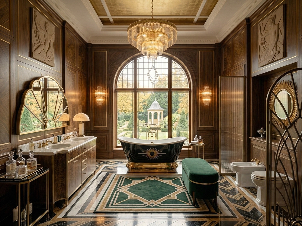 Ванная комната с деревянными панелями, черной ванной, зеленой банкеткой и окном.