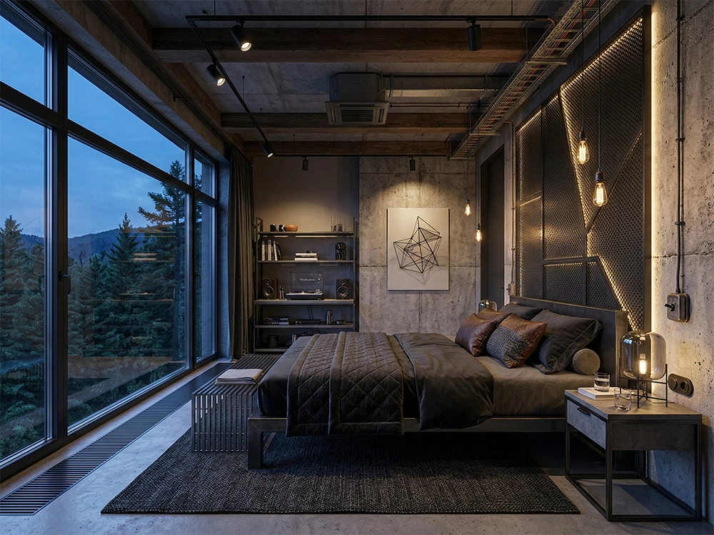 Просторная спальня с темной двуспальной кроватью, бетонными стенами, потолочными балками и окном.