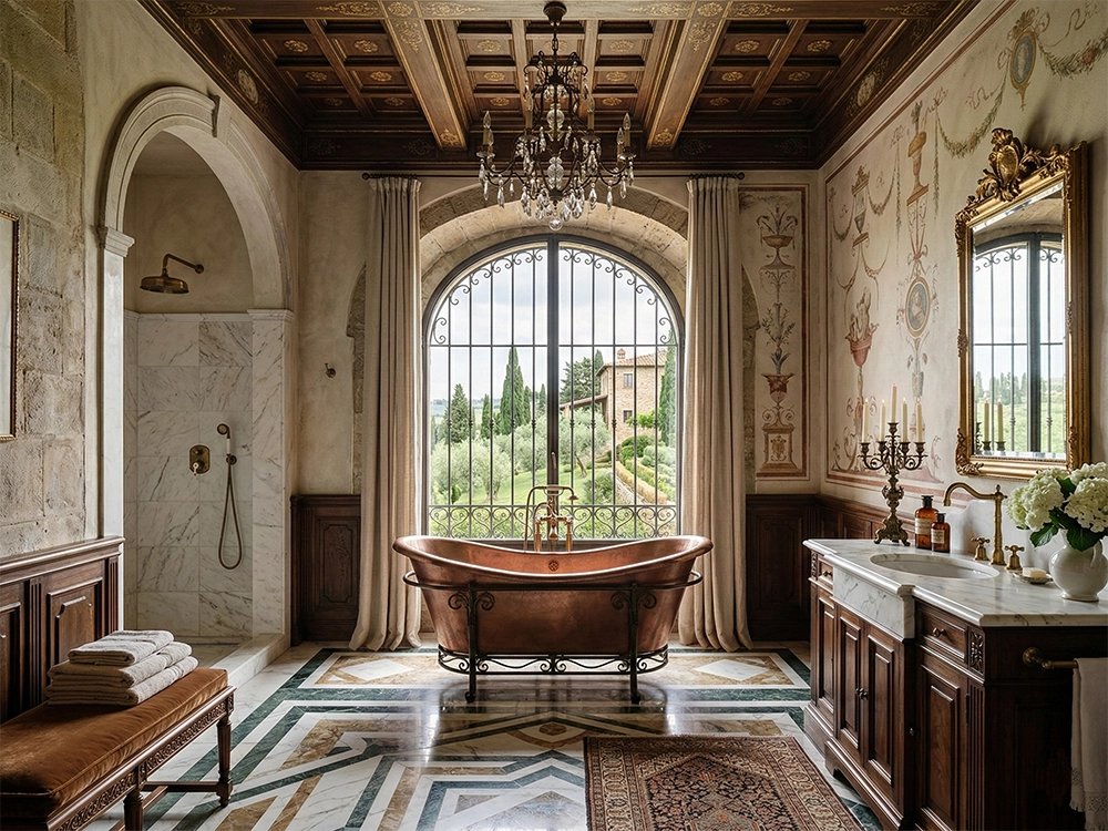 Медная ванна у арочного окна, мраморный пол, фрески на стенах, деревянный потолок и люстра.