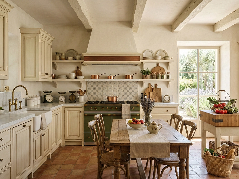 Кухня со светлой мебелью, зеленой плитой, деревянным обеденным столом, медной посудой и окном