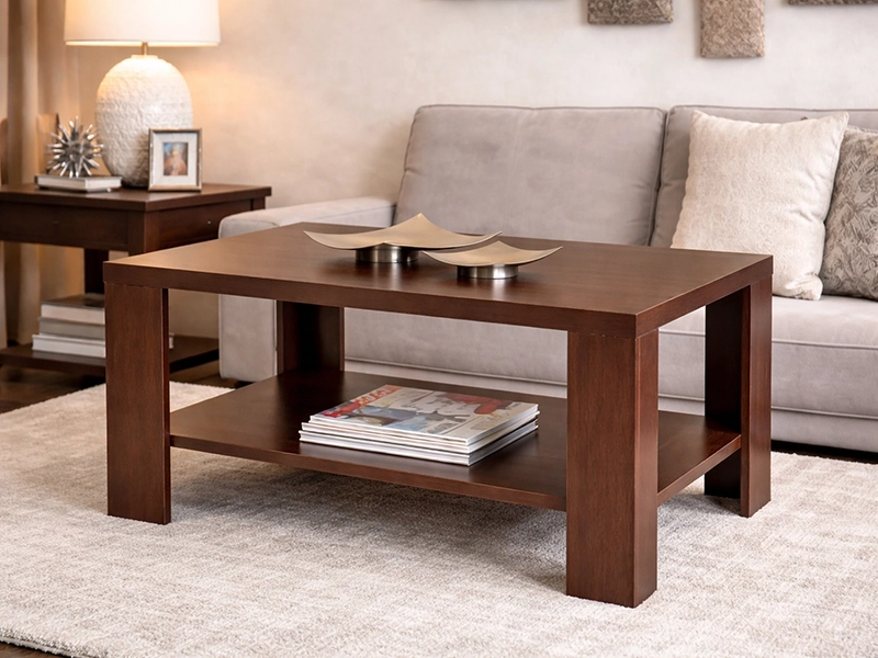 Журнальный столик под цвет корпусной мебели в центре комнаты