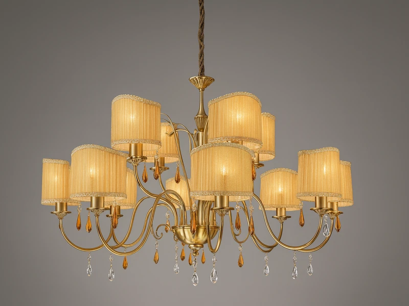 Пример подбора штор и люстры в одной цветовой гамме для завершения образа интерьера комнаты