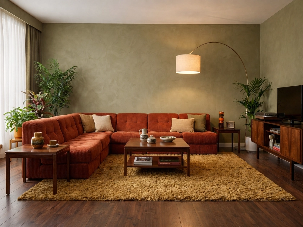 Большой горчичный угловой диван на ворсистом ковре в комнате с темными деревянными стеновыми панелями.