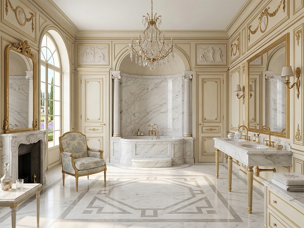 Ванная комната с мраморной ванной двумя раковинами золотыми смесителями камином и люстрой