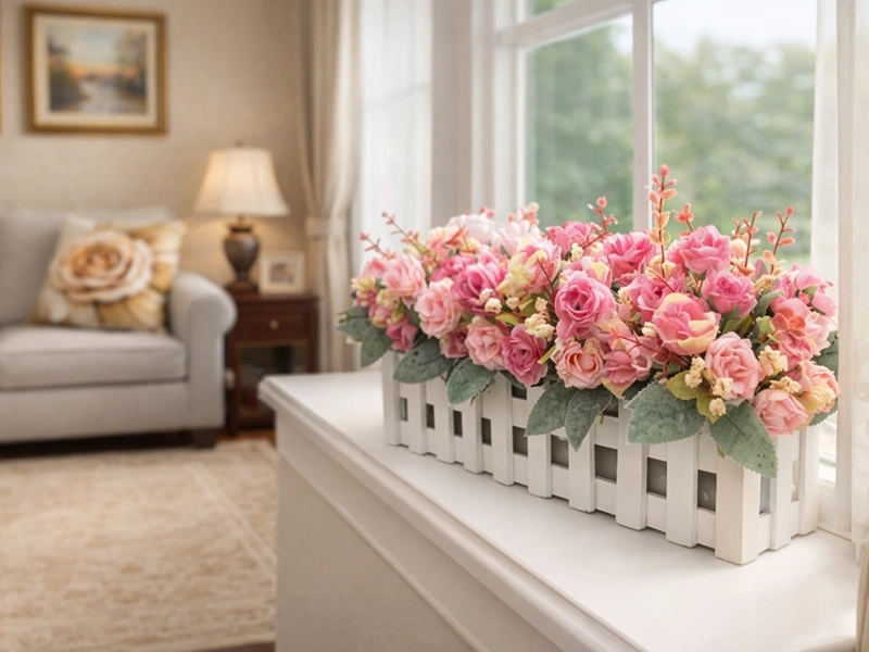 Цветы розы в прямоугольном горшке на подоконнике