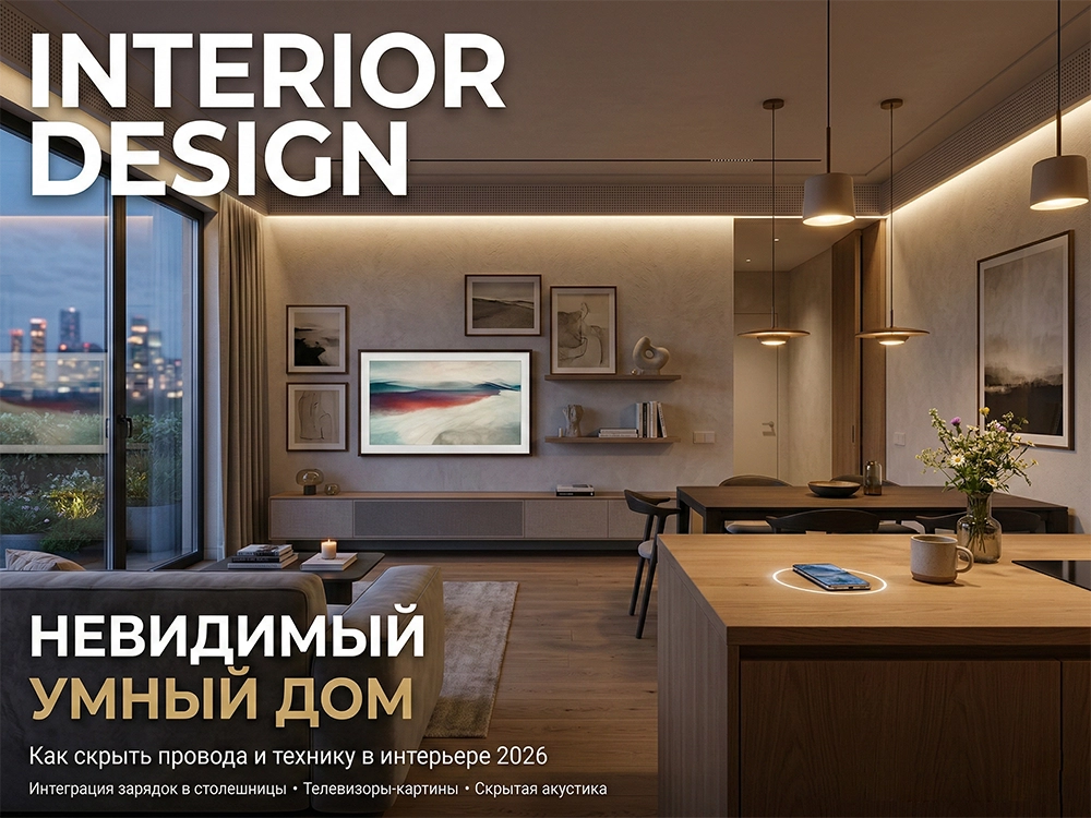 Деревянный кухонный остров с лежащим телефоном, позади гостиная с обеденным столом, телевизором.