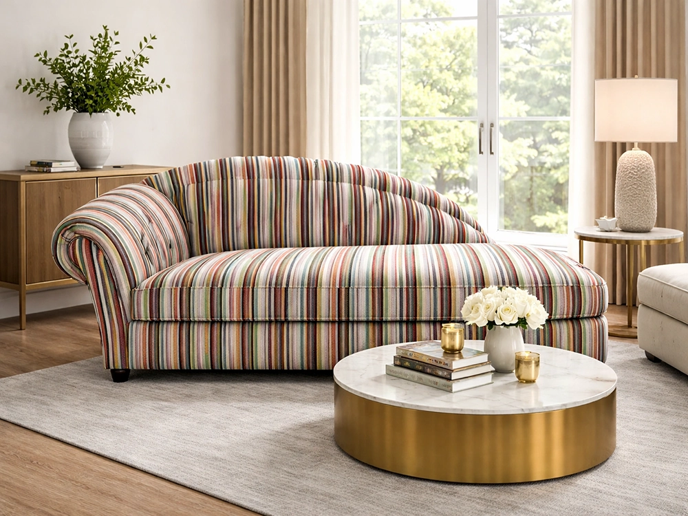 Образцы мебельной ткани в полоску бежевых и синих оттенков