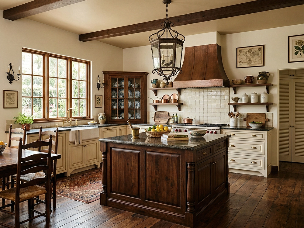 Деревянный кухонный остров, большая медная вытяжка, светлые шкафы, плиточный фартук и темный пол.